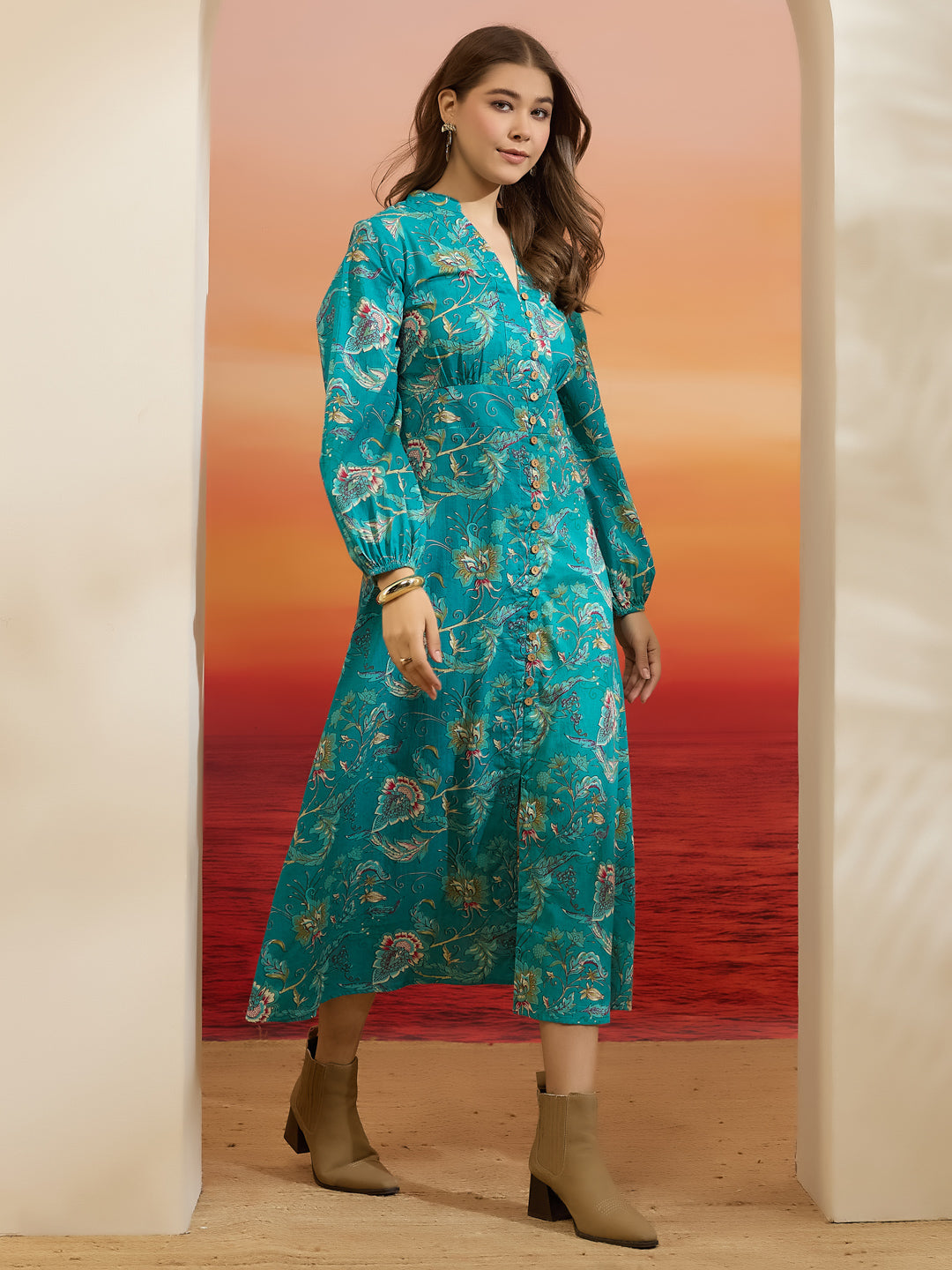 Divena Floral Printed Cotton Turquoise Blue Dress