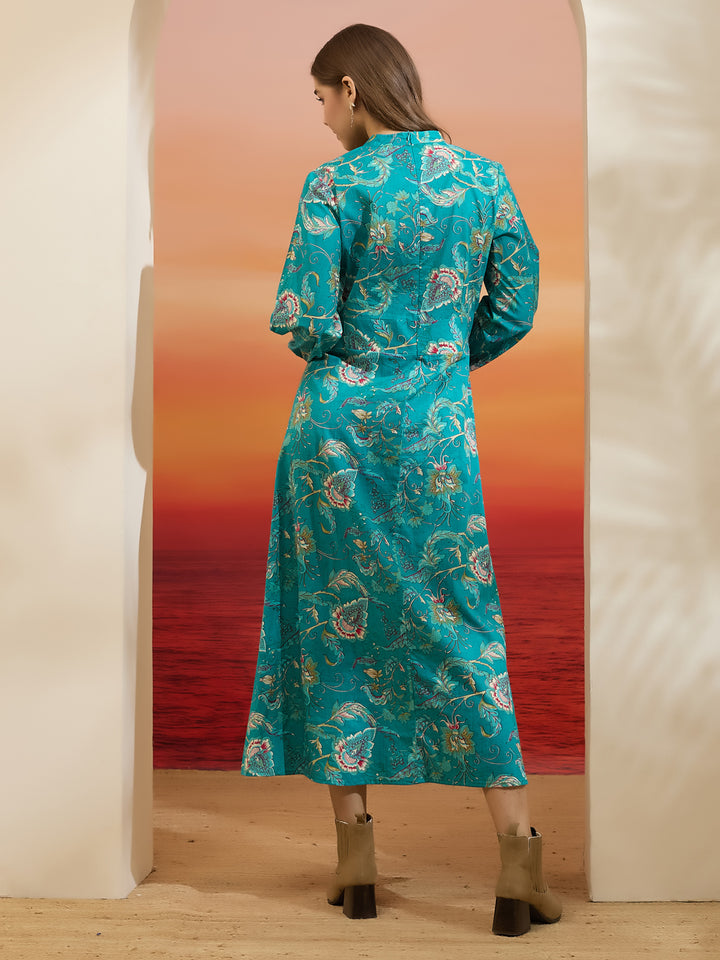 Divena Floral Printed Cotton Turquoise Blue Dress