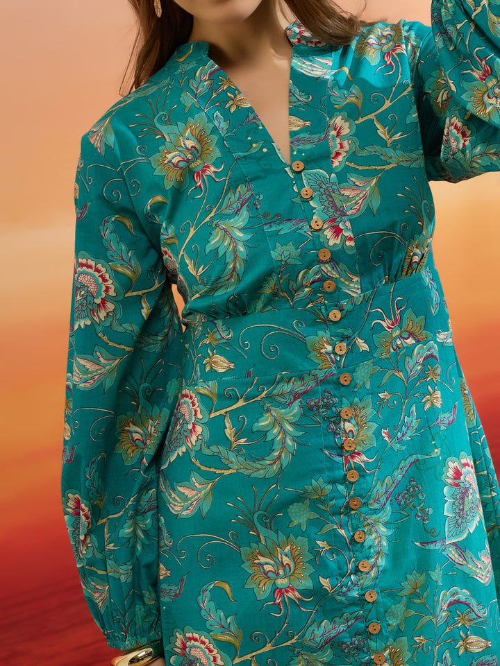 Divena Floral Printed Cotton Turquoise Blue Dress