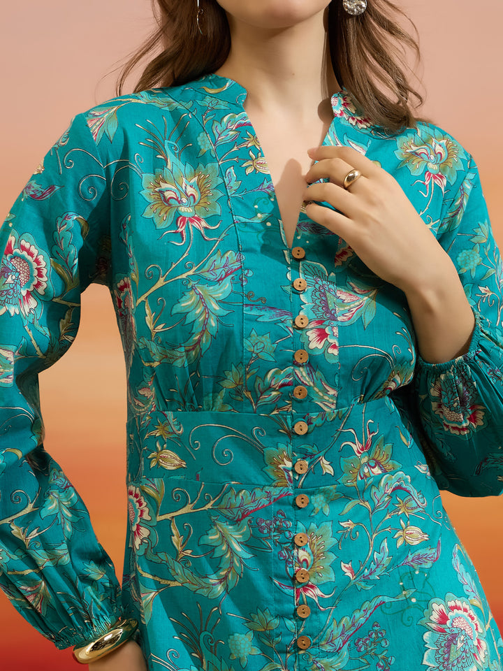 Divena Floral Printed Cotton Turquoise Blue Dress