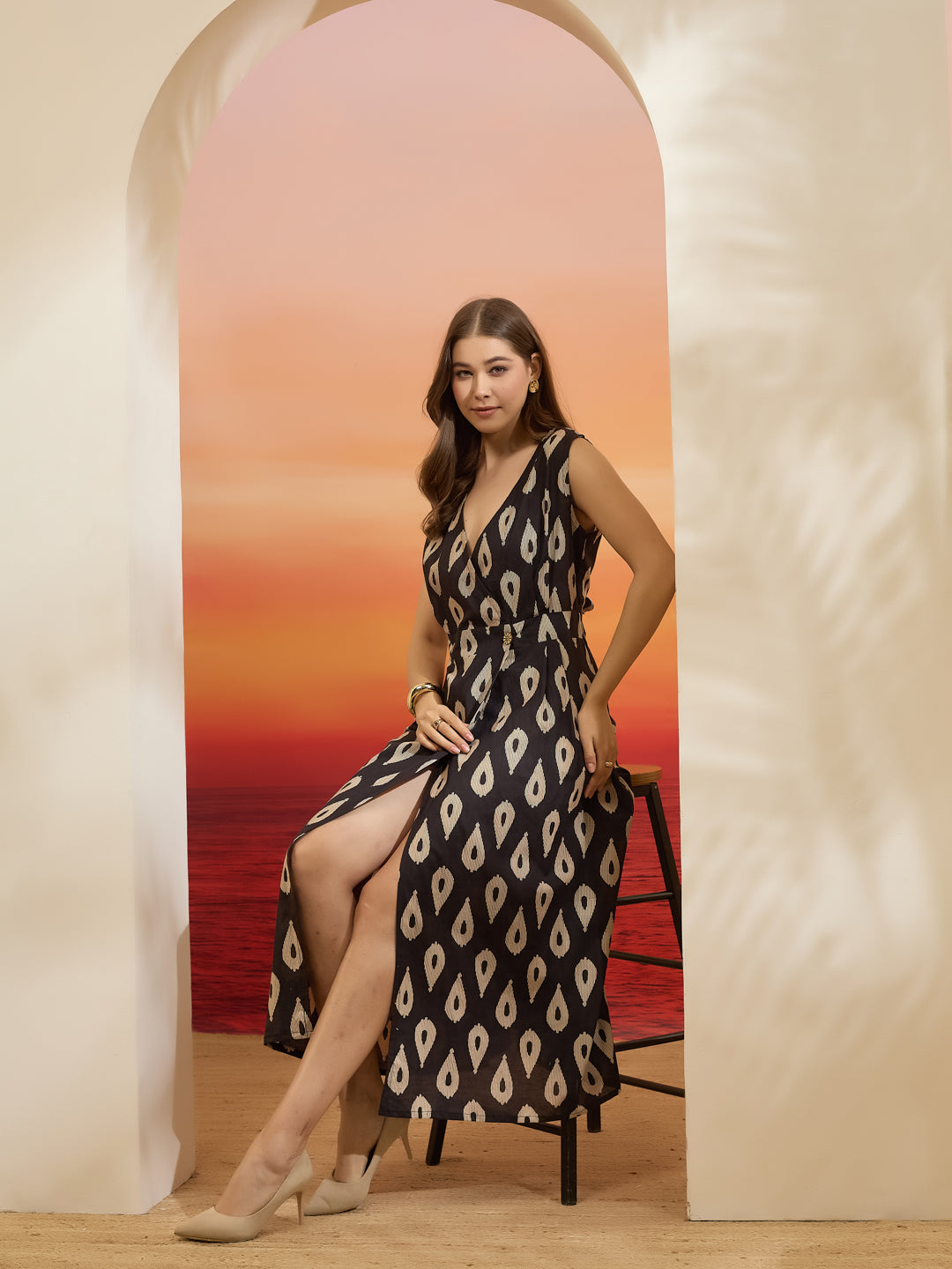 Divena Floral Printed Cotton Black Dress