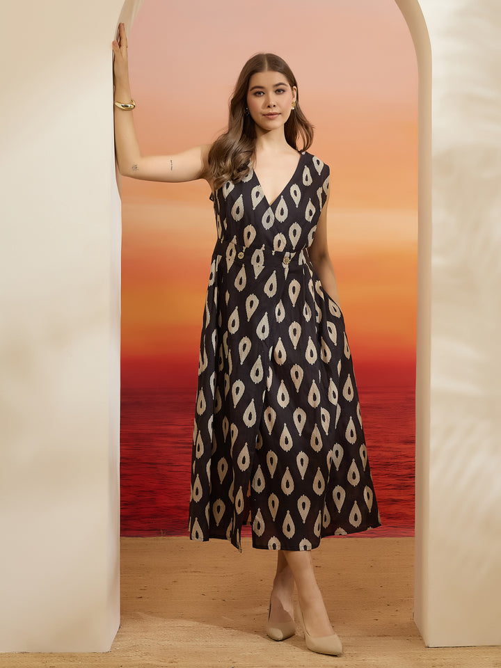 Divena Floral Printed Cotton Black Dress