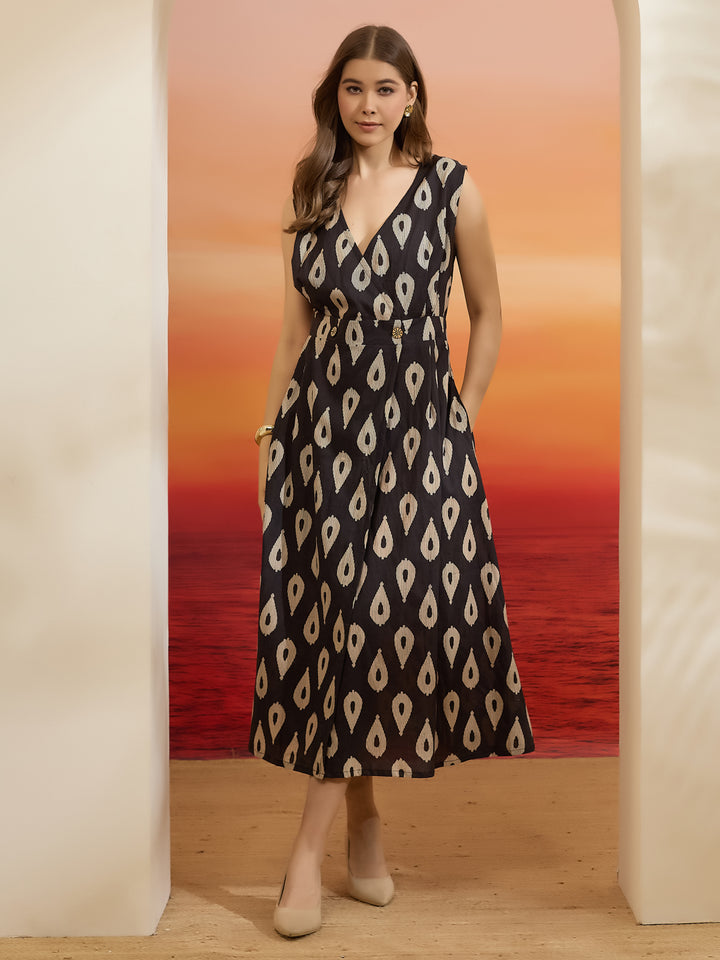 Divena Floral Printed Cotton Black Dress