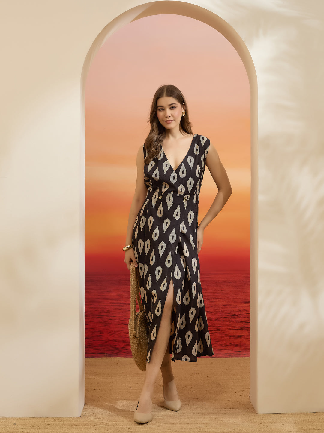 Divena Floral Printed Cotton Black Dress