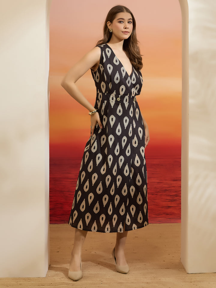 Divena Floral Printed Cotton Black Dress