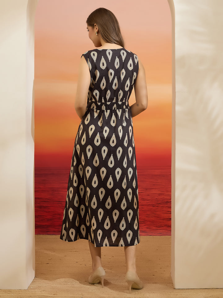 Divena Floral Printed Cotton Black Dress