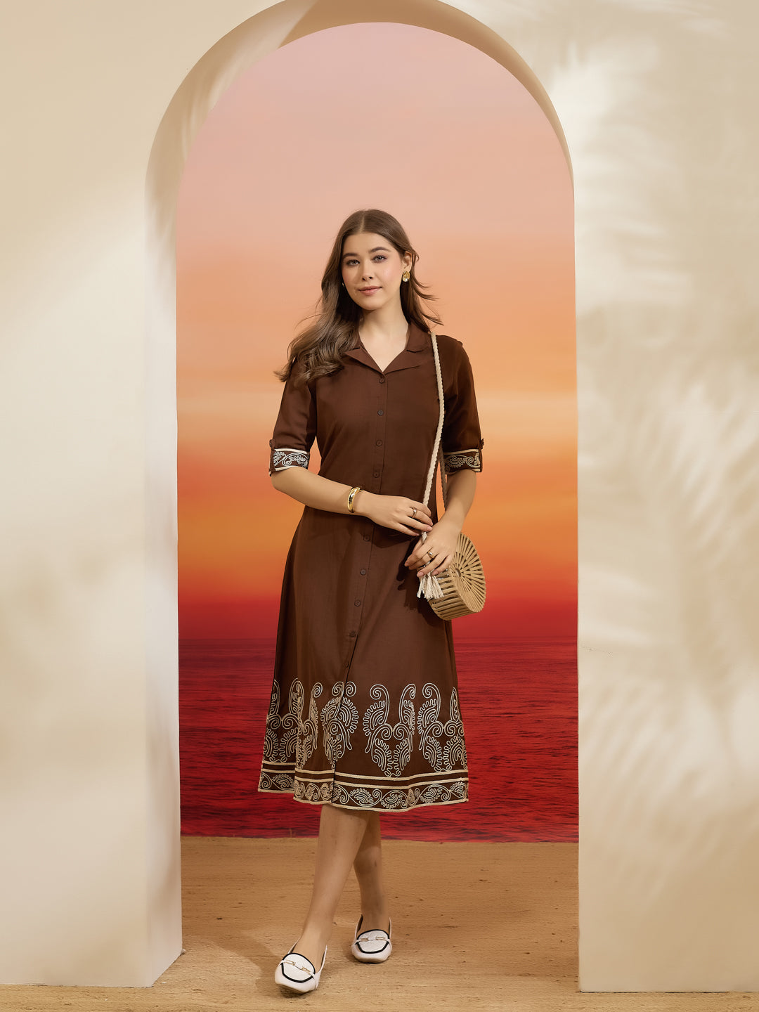 Divena Brown Embroidered Shirt-Style Cotton Kurta Dress