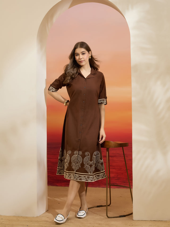 Divena Brown Embroidered Shirt-Style Cotton Kurta Dress
