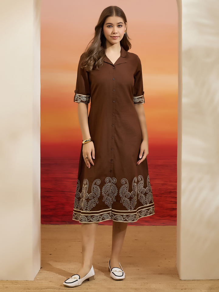 Divena Brown Embroidered Shirt-Style Cotton Kurta Dress