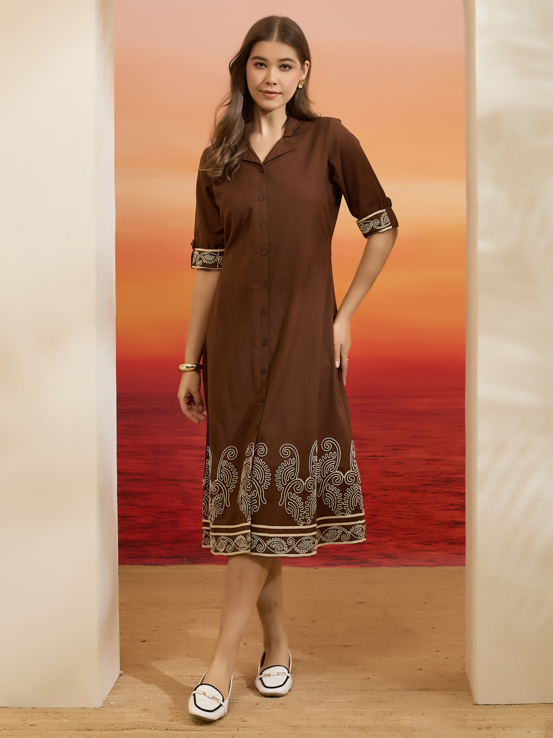 Divena Brown Embroidered Shirt-Style Cotton Kurta Dress