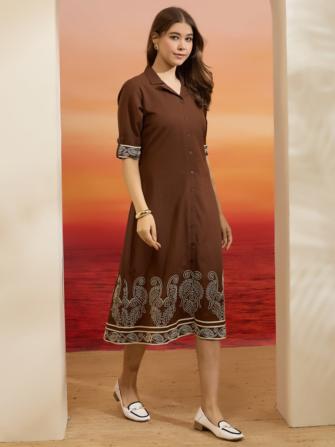 Divena Brown Embroidered Shirt-Style Cotton Kurta Dress