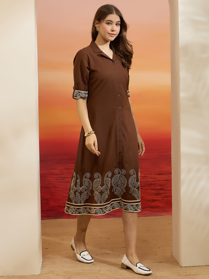 Divena Brown Embroidered Shirt-Style Cotton Kurta Dress