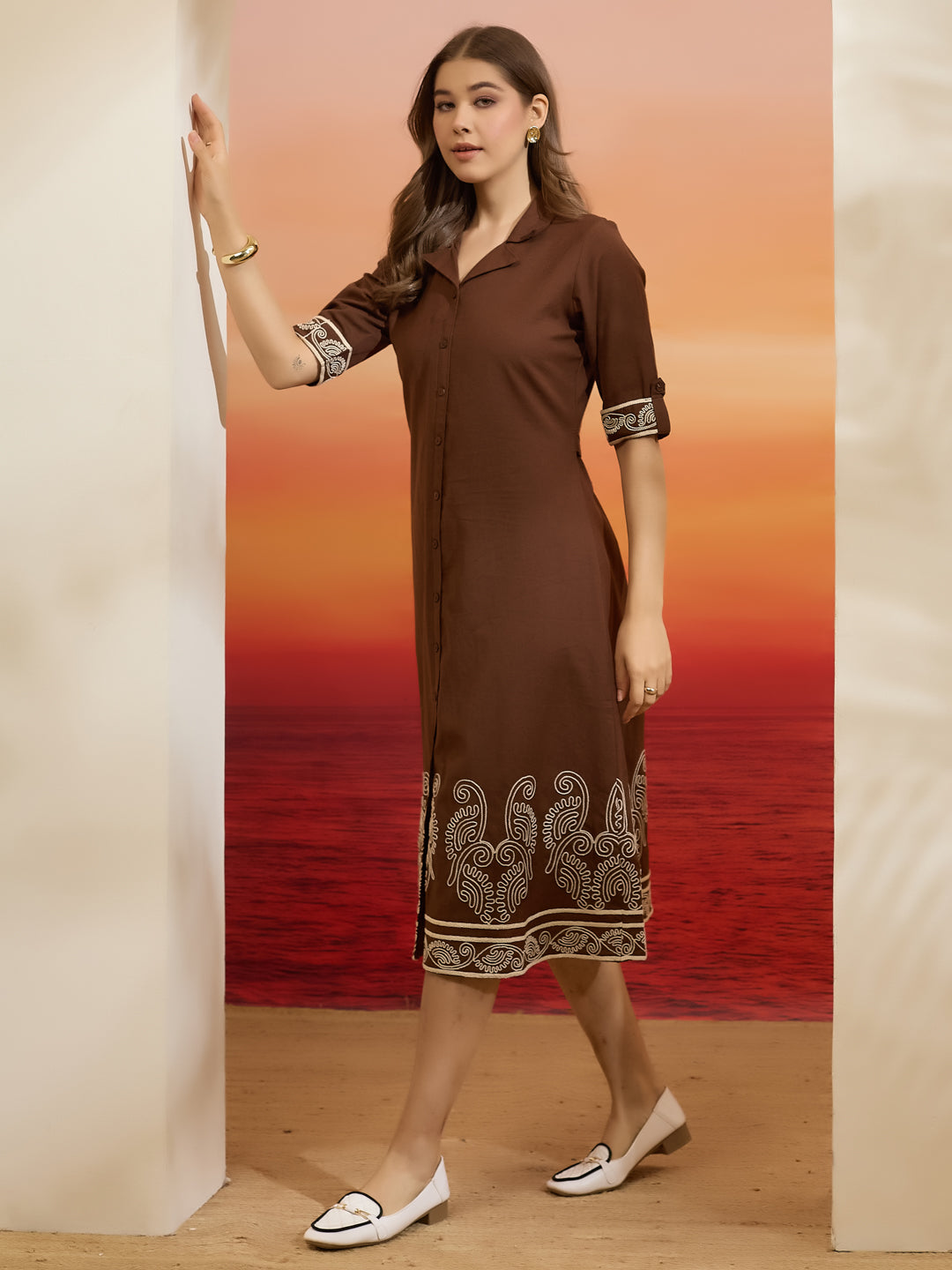 Divena Brown Embroidered Shirt-Style Cotton Kurta Dress