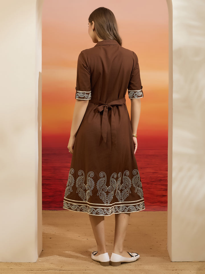 Divena Brown Embroidered Shirt-Style Cotton Kurta Dress