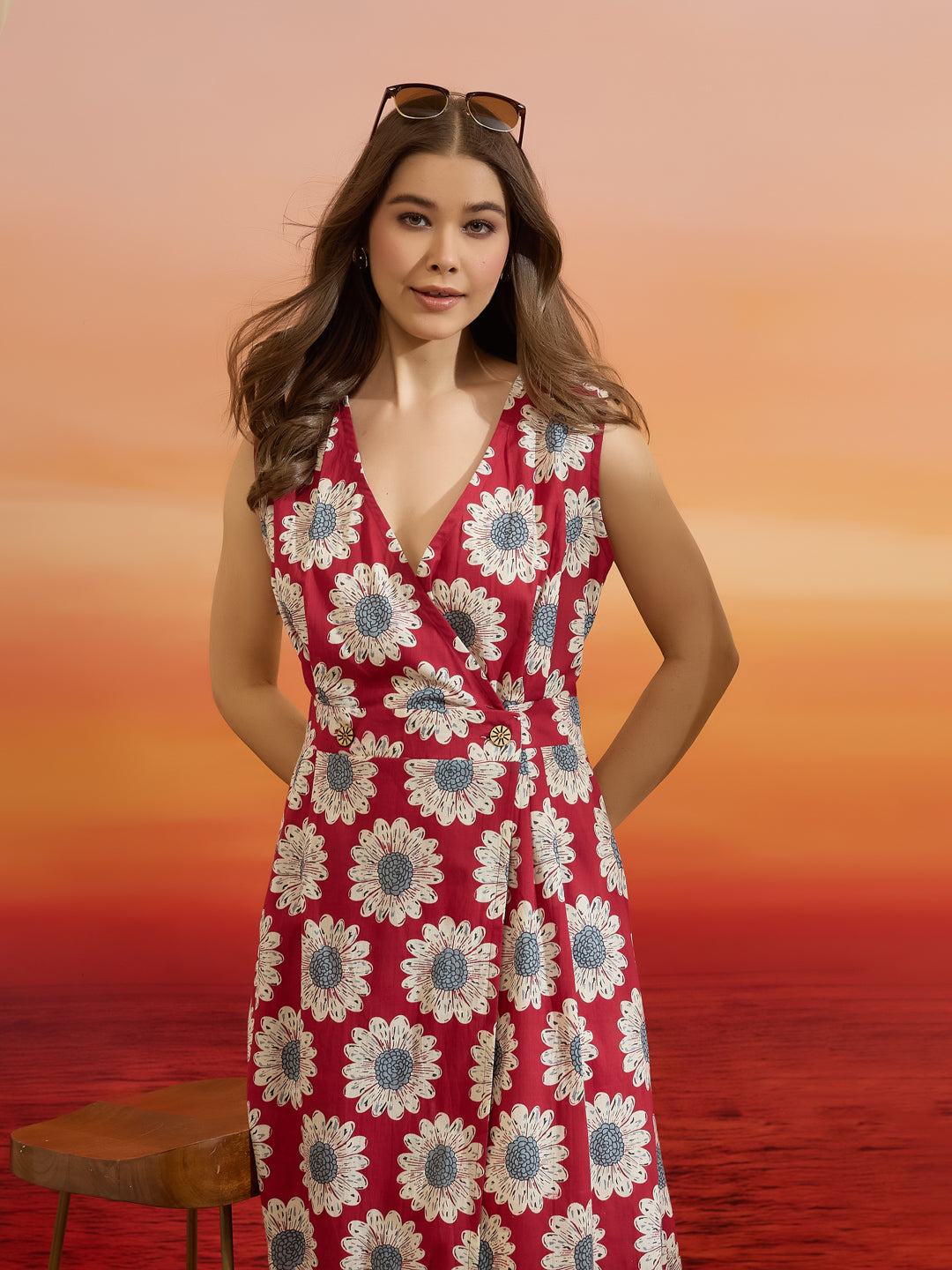 Divena Floral Printed Cotton Red Dress