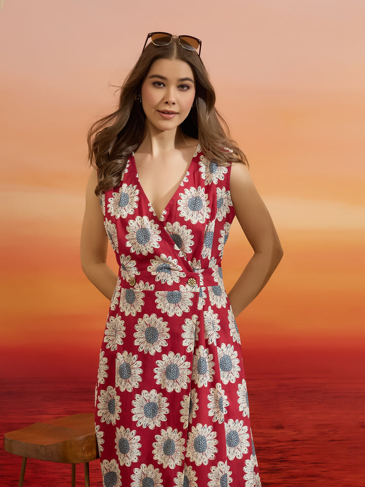 Divena Floral Printed Cotton Red Dress