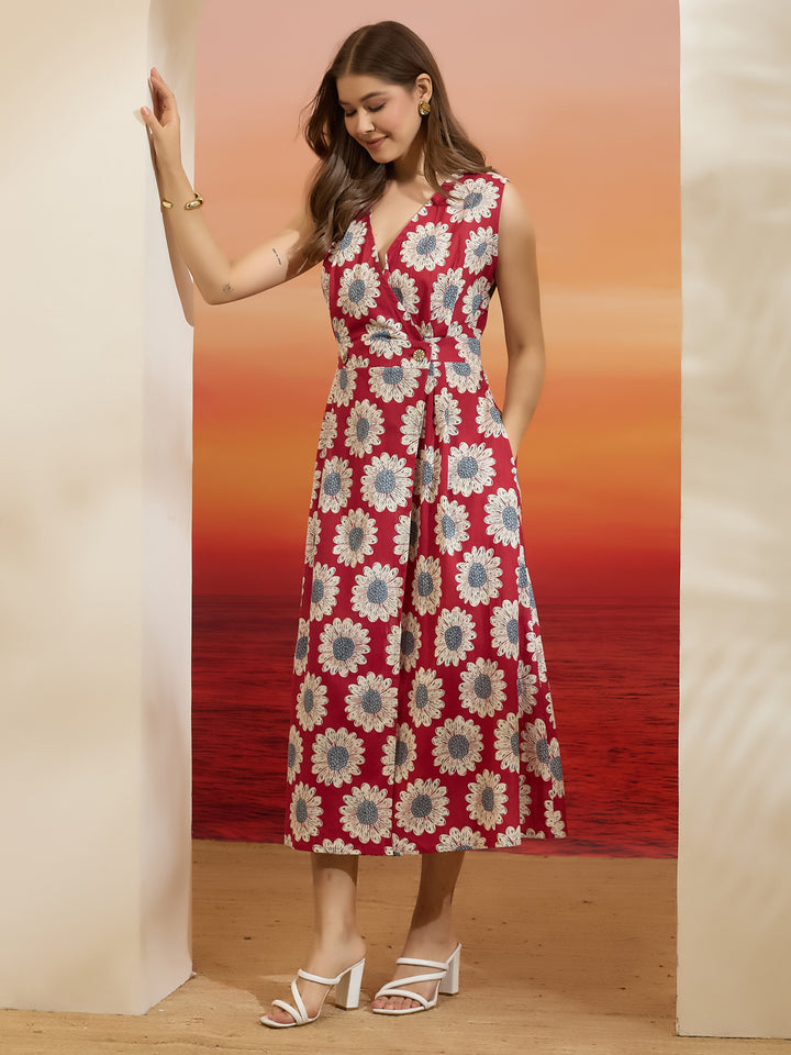 Divena Floral Printed Cotton Red Dress