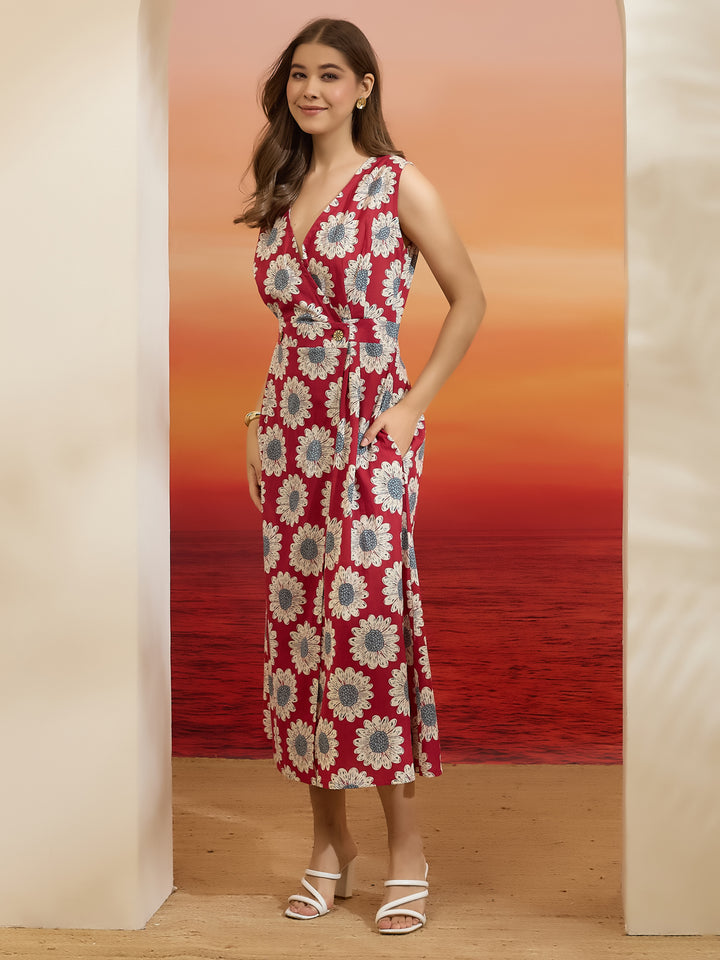Divena Floral Printed Cotton Red Dress