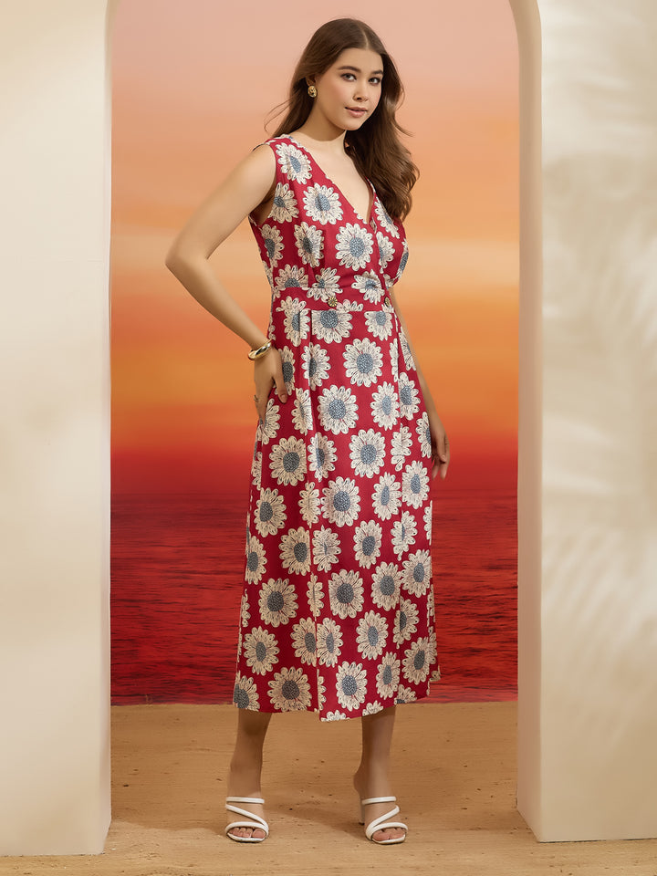 Divena Floral Printed Cotton Red Dress