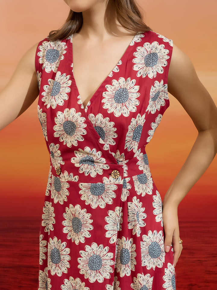 Divena Floral Printed Cotton Red Dress