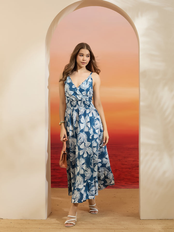 Divena Floral Printed Flared Cotton Blue Dress