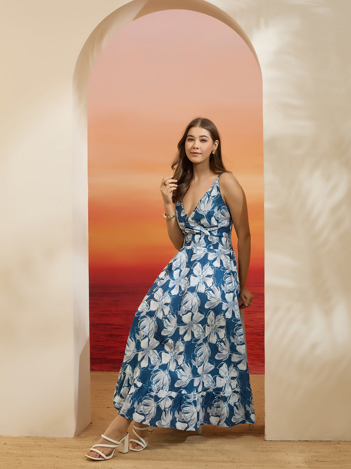 Divena Floral Printed Flared Cotton Blue Dress