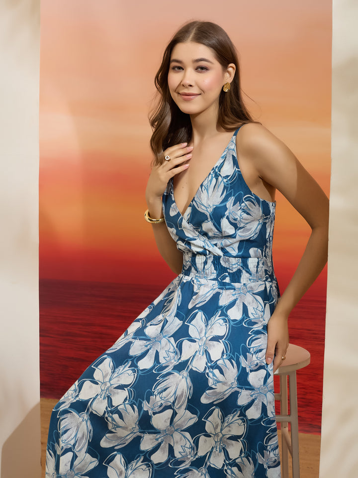 Divena Floral Printed Flared Cotton Blue Dress