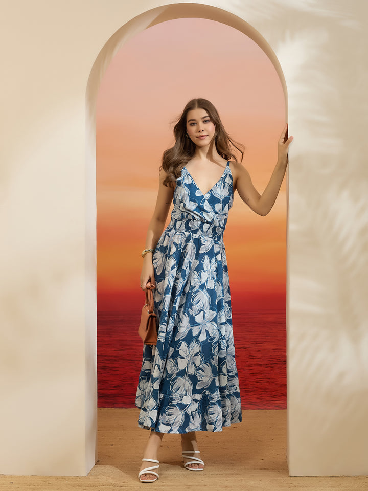 Divena Floral Printed Flared Cotton Blue Dress