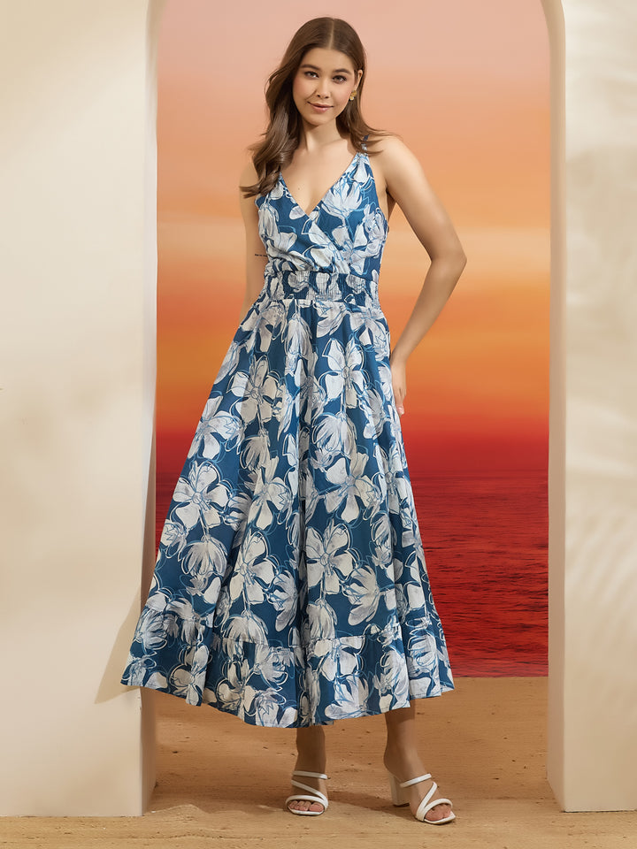 Divena Floral Printed Flared Cotton Blue Dress