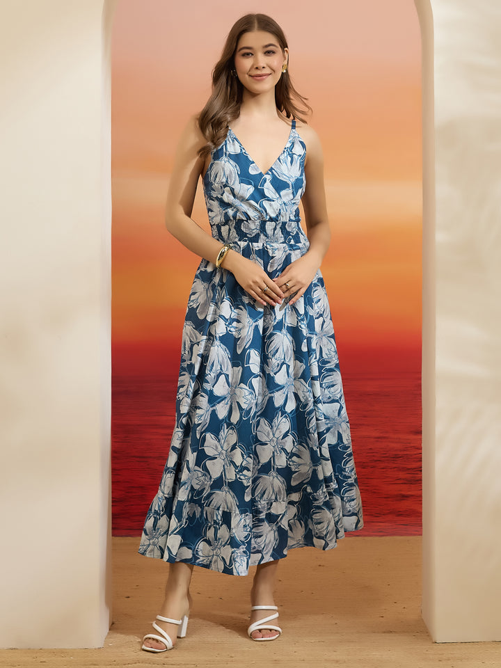 Divena Floral Printed Flared Cotton Blue Dress