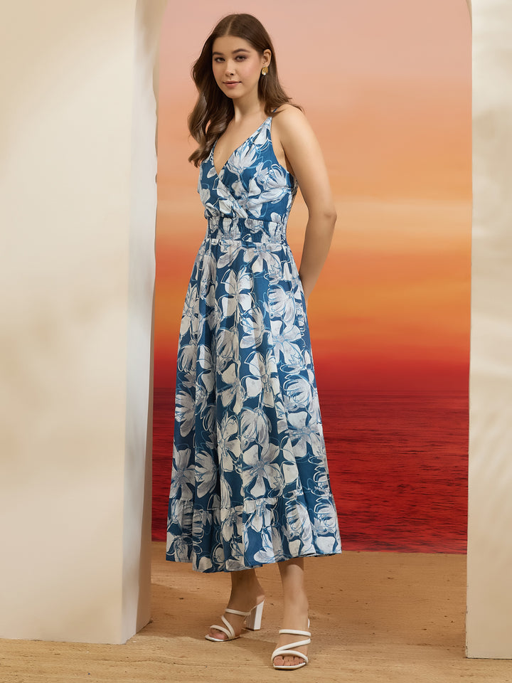 Divena Floral Printed Flared Cotton Blue Dress
