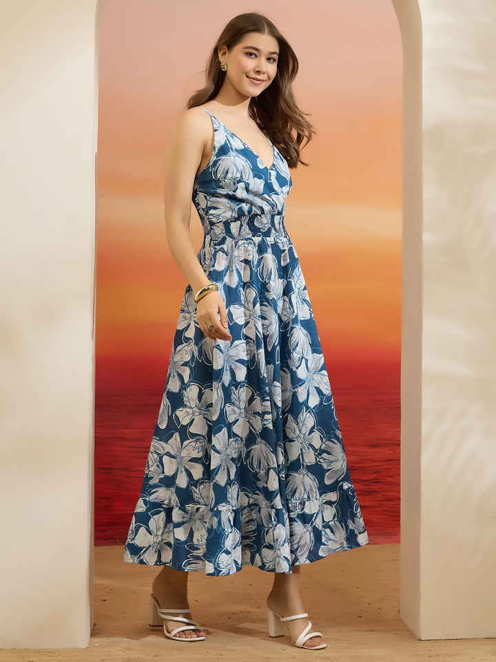 Divena Floral Printed Flared Cotton Blue Dress