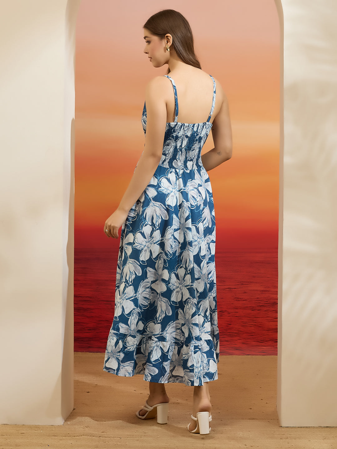 Divena Floral Printed Flared Cotton Blue Dress