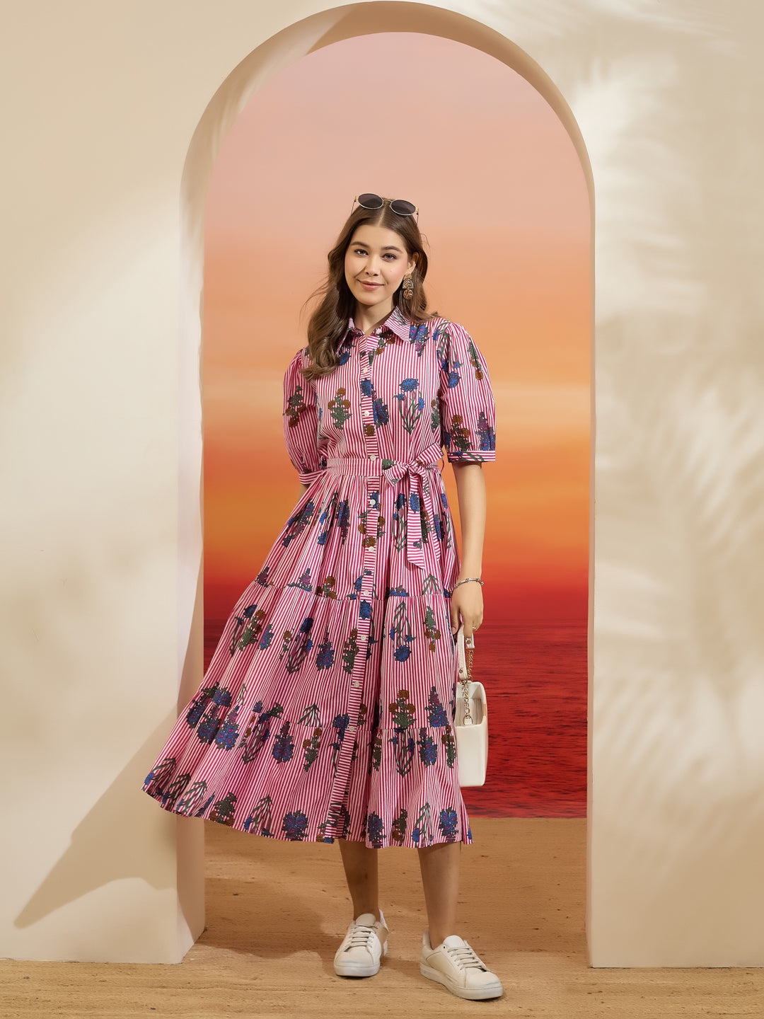 Divena Floral Print Pure Cotton Peplum Fit Pink Dress