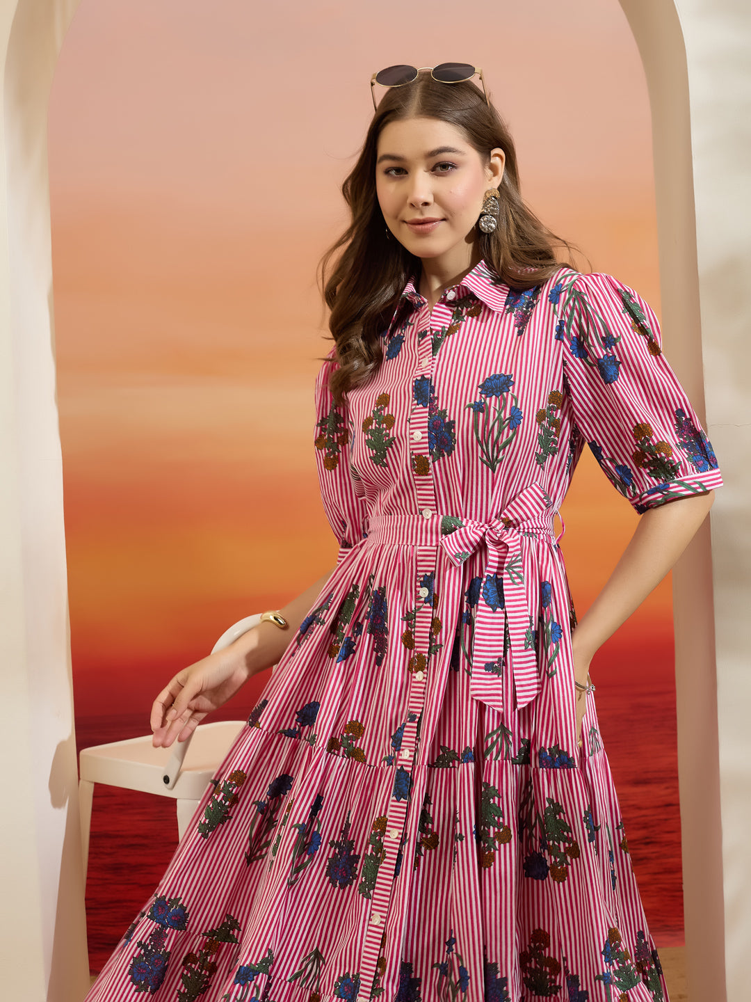 Divena Floral Print Pure Cotton Peplum Fit Pink Dress