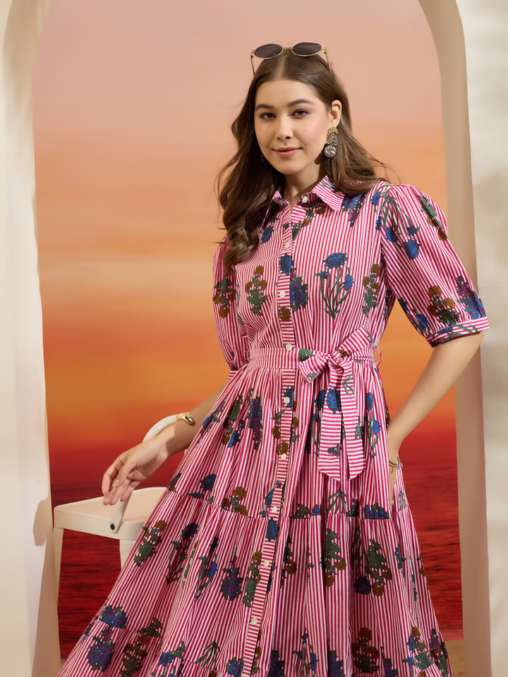 Divena Floral Print Pure Cotton Peplum Fit Pink Dress