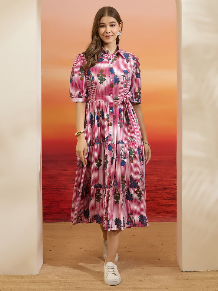 Divena Floral Print Pure Cotton Peplum Fit Pink Dress