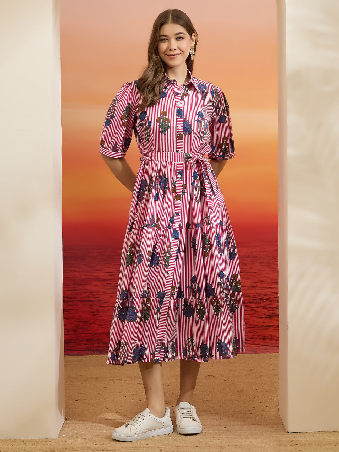 Divena Floral Print Pure Cotton Peplum Fit Pink Dress