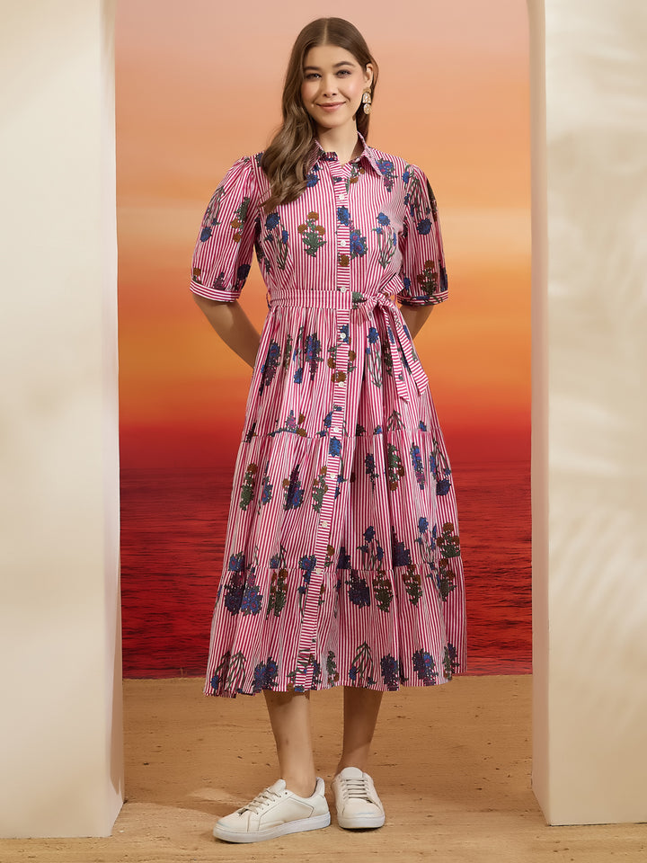 Divena Floral Print Pure Cotton Peplum Fit Pink Dress