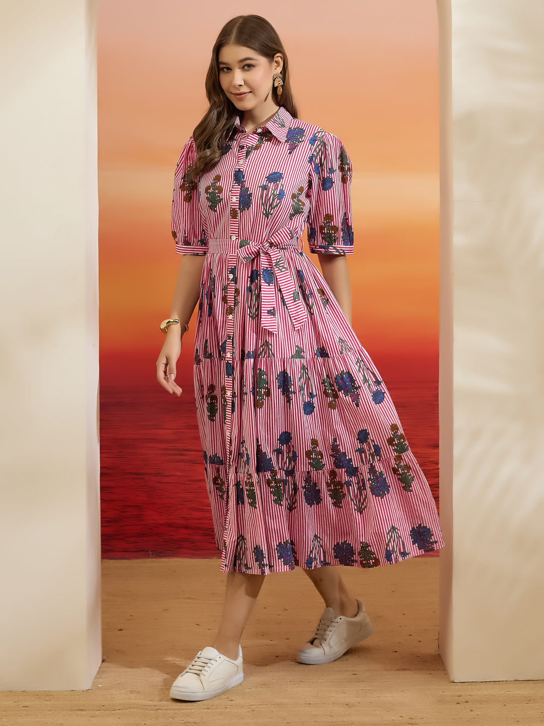 Divena Floral Print Pure Cotton Peplum Fit Pink Dress