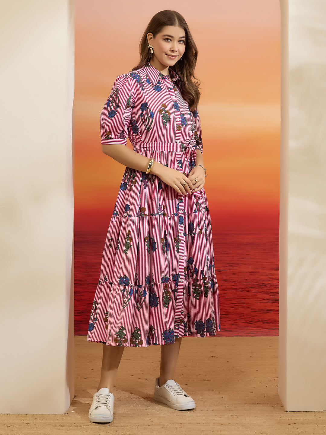 Divena Floral Print Pure Cotton Peplum Fit Pink Dress