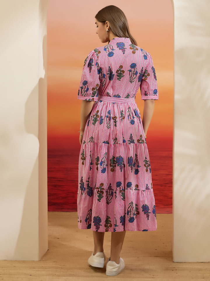 Divena Floral Print Pure Cotton Peplum Fit Pink Dress