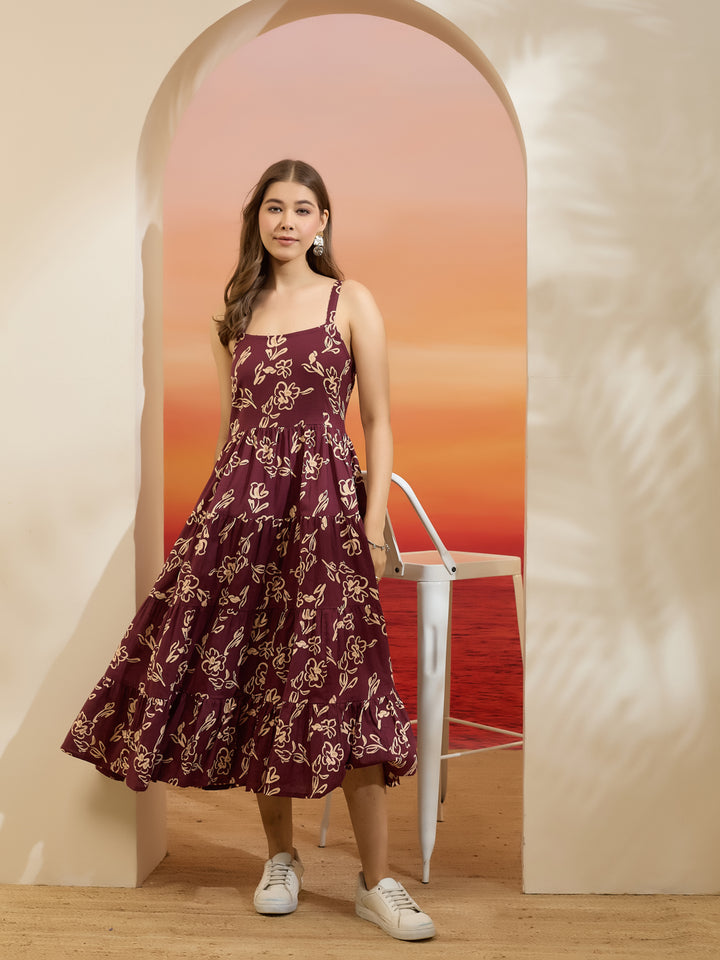 Divena Floral Print Wine Cotton Shoulder Strap Midi Dress