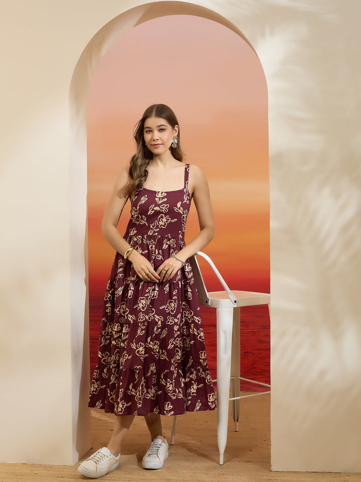 Divena Floral Print Wine Cotton Shoulder Strap Midi Dress