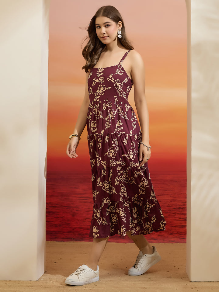Divena Floral Print Wine Cotton Shoulder Strap Midi Dress