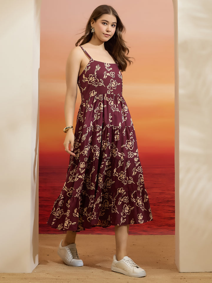 Divena Floral Print Wine Cotton Shoulder Strap Midi Dress