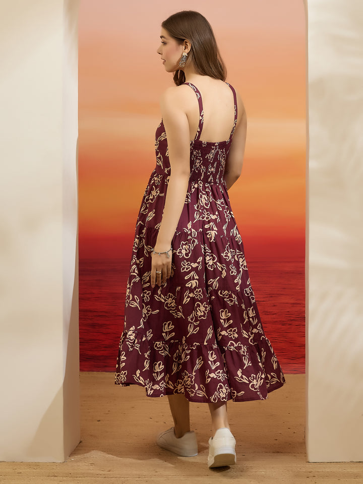 Divena Floral Print Wine Cotton Shoulder Strap Midi Dress