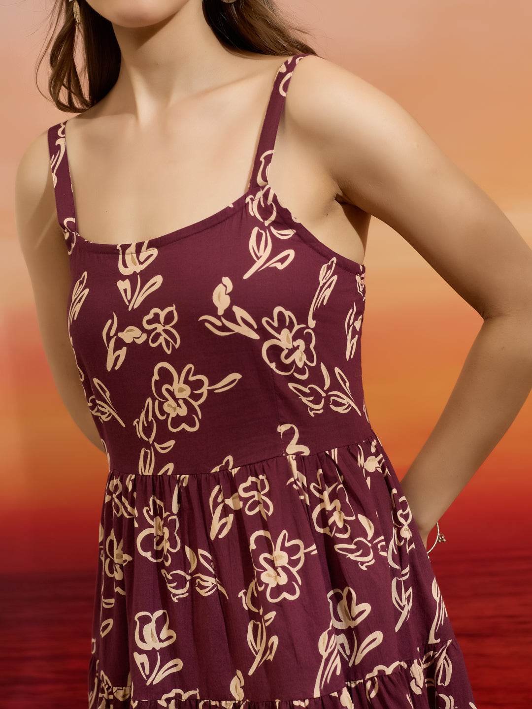Divena Floral Print Wine Cotton Shoulder Strap Midi Dress