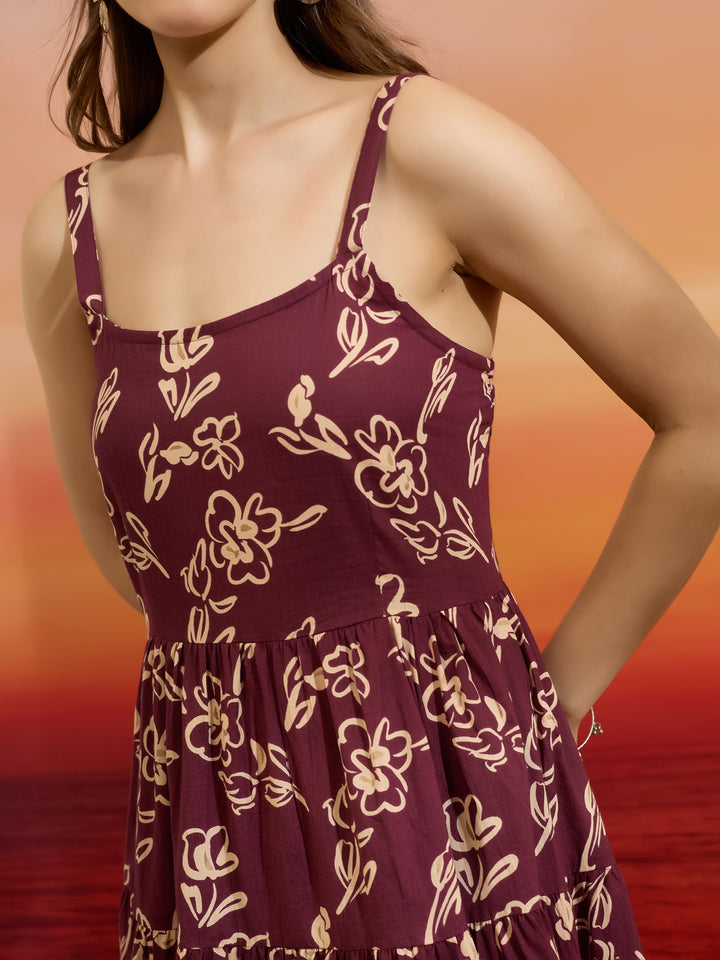 Divena Floral Print Wine Cotton Shoulder Strap Midi Dress