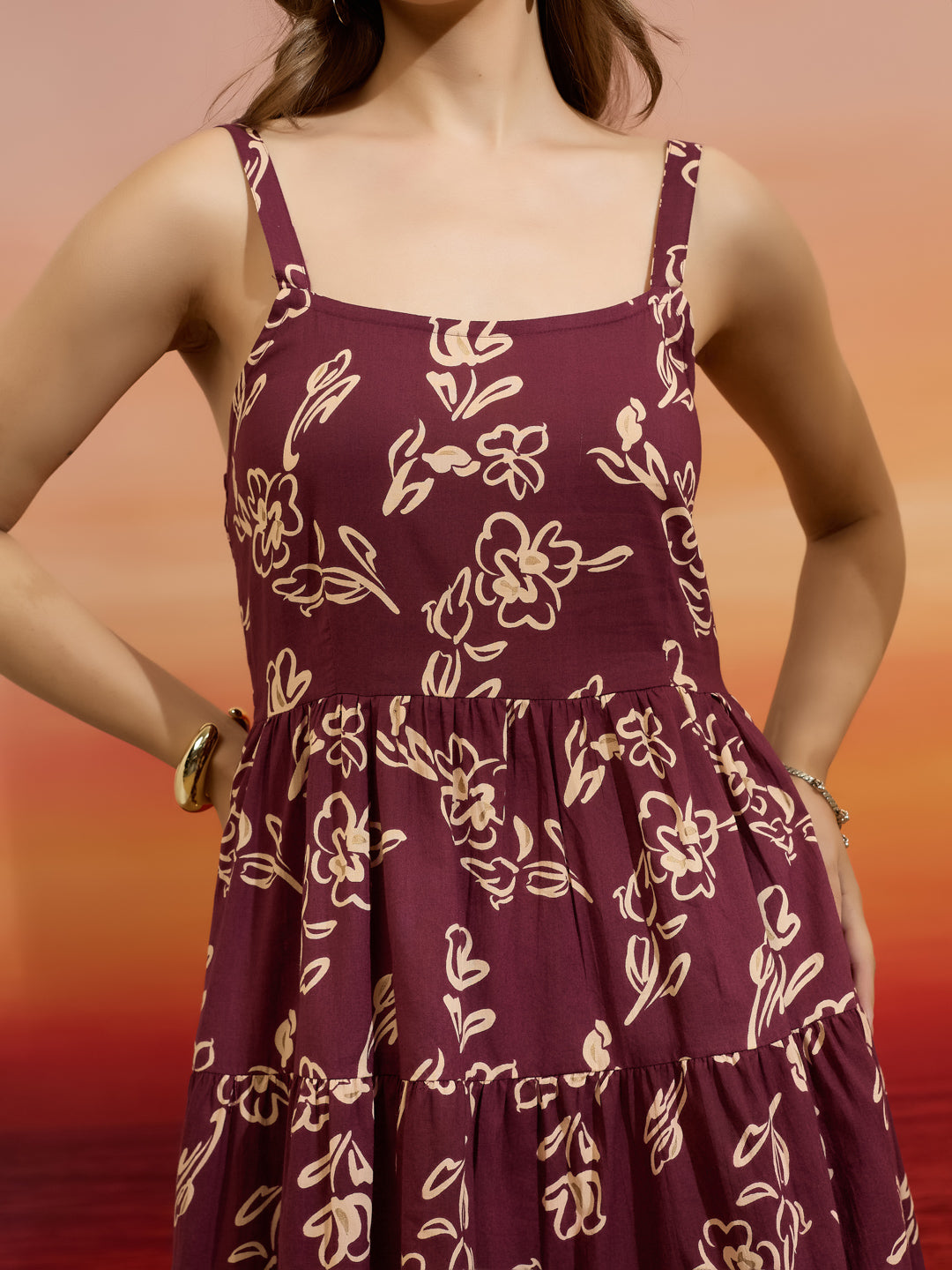 Divena Floral Print Wine Cotton Shoulder Strap Midi Dress
